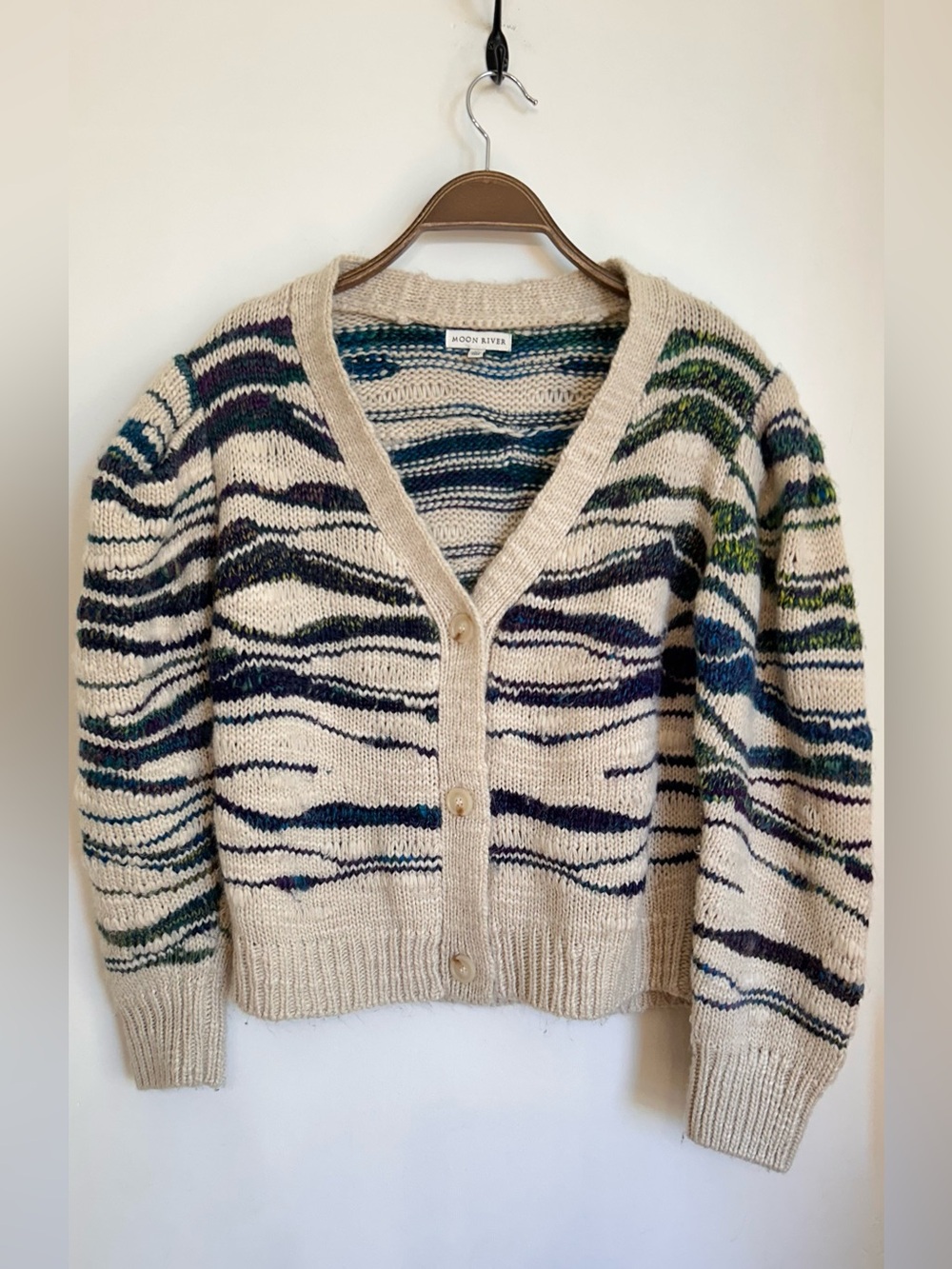 MOON RIVER ANTHROPOLOGY WOOL BLEND PUFF SHOULDER V NECK BUTTON DOWN CARDIGAN